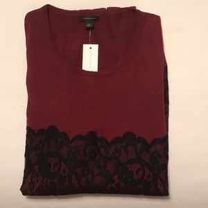 NWT Ann Taylor Maroon/Black Lace Overlay Top